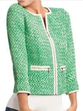 CAbi CLOVER Jacket Green/White Tweed Zip Front Cropped Women’s Size 14 Style 726